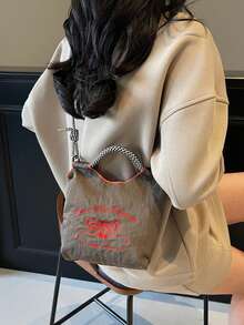 Sweet Girl Style Butterfly Embroidery Nylon Bag, Black & White Woven Strap Tote Shoulder Bag - Grey - View 6