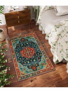 1pc Bohemian Style Paris Garden Printed Carpet, Suitable For Living Room, Bedroom, Dining Room, Dorm, Office And Other Home Decor, Non-Slip Vintage Farmhouse Style Rug - Red - View 3