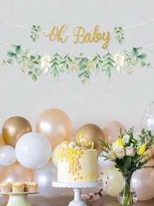 1件“Oh Baby”绿色叶子图案纸质横幅，婴儿派对悬挂装饰，春季悬挂旗帜，生日装饰，性别揭晓派对用品，春季主题派对用品，节日派对用品，一周岁生日派对装饰 - 彩色 - 查看 6