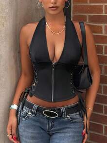 Áo camisole corset gợi cảm, cổ chữ V sâu, dáng ngắn, khóa kéo phía trước, dây buộc bên hông, thiết kế hở lưng, có gọng nâng eo, thích hợp cho phụ nữ mặc trong các dịp như Lễ Tình nhân, tiệc tùng, v.v. - màu đen - Xem 2