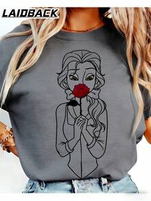 LAIDBACK "Princess & Rose" Graphic Print Oversized T-Shirt, Unisex Short Sleeve Crew Neck Tee, Whimsical Fairy Tale Aesthetic Top, Minimalist Line Art Design, Perfect For Movie Nights, Casual Outings, Daily Wear & Storybook Style Fans, Ideal Gift For Gen Z, Trendsetters & Comfort Seekers, Soft Breathable Cotton Fabric - 灰色 - 查看 9