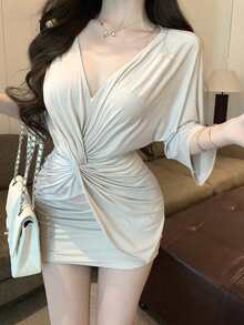 V-Neck Dress For Women, Summer Design Niche Pleated Twist Waist Fitted Bodycon Mini Skirt - Khaki - View 3