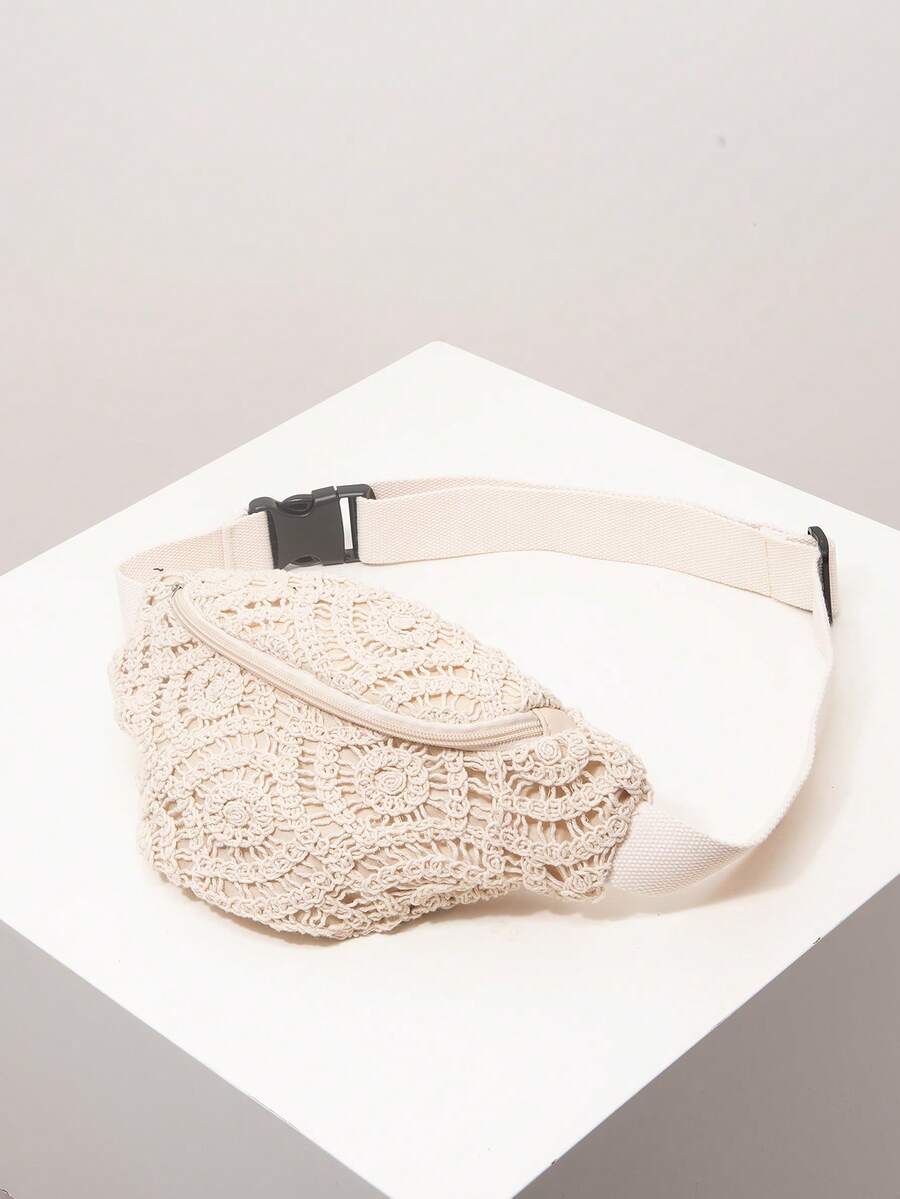 Floral Waist Bag/Shoulder Bag, Bohemian Style Summer Beach Bag, Travel Essential, Holiday Gear, Crochet Set, Elegant Ladies Wallet, Gift For Women (Random Pattern) - Apricot - View 1