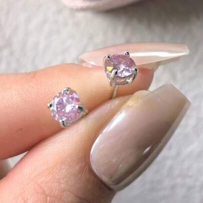 925 Sterling Silver 0.5CT*2 Round Cut Pink Moissanite Stud Earrings, Fashion Elegant Cute Classic 4-Prong Earrings For Women, Suitable For Valentine's Day, Christmas, Mother's Day Jewelry Gift, With Moissanite Certificate
