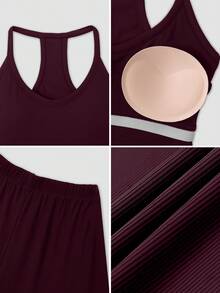 NcmRyu 1 Set Women Spaghetti Strap Ribbed Camisole And Wide Leg Pants Sports Suit - Purple - View 6