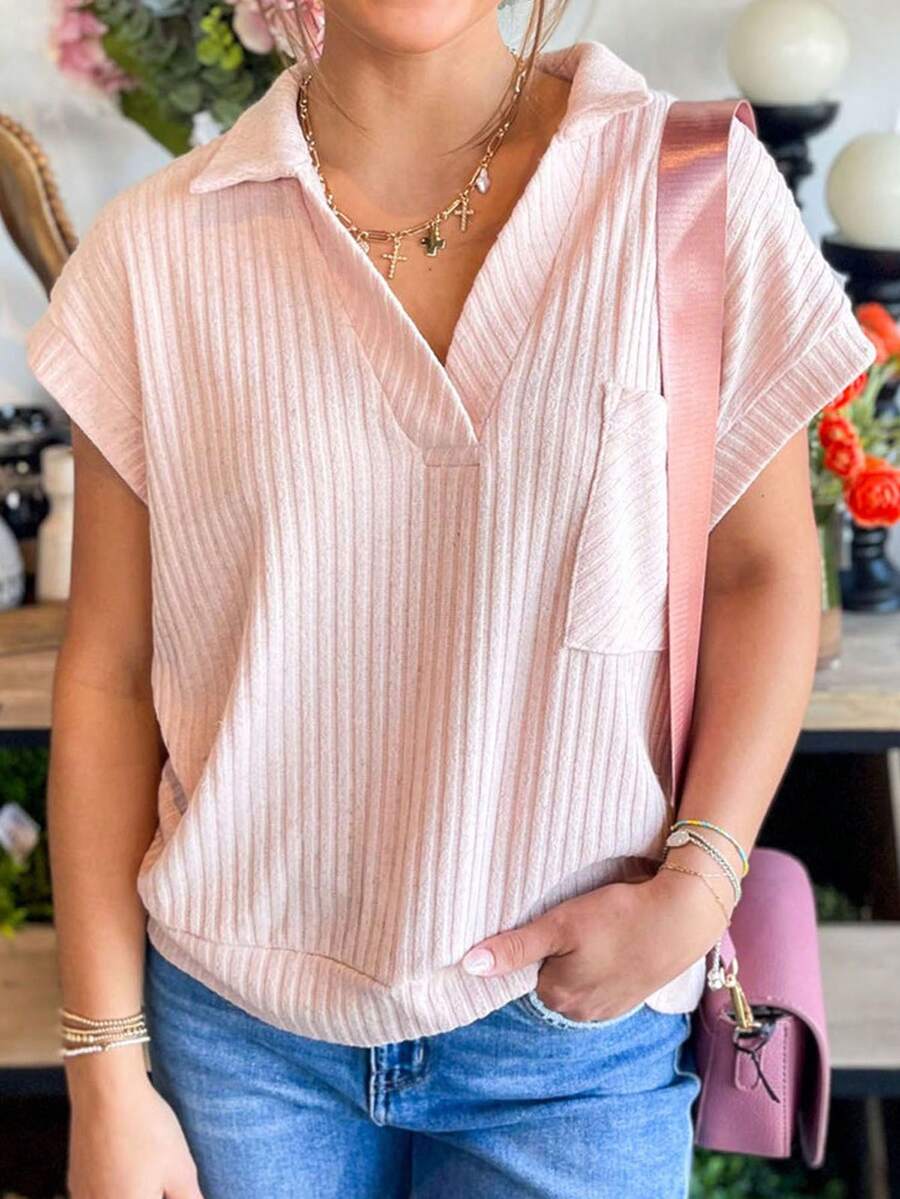 Acelitt Cute Light Pink High Collar Pocket Striped Casual Short Sleeve T-Shirt, Summer - Pink - View 1