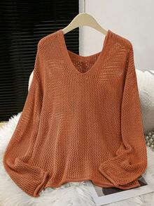 Lubi Women's Spring/Autumn/Summer Hollow V-Neck Long Sleeve Loose Relaxed Knit Sweater, Breathable Knit Fabric, Casual Comfortable For Daily, Commute, Home, Afternoon Tea, Beach Vacation - Burnt Orange - View 5
