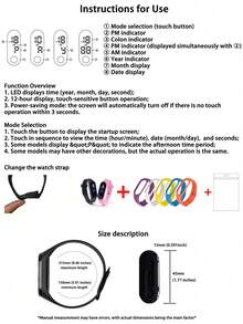 2条/套情侣TPU硅胶LED数字表带，1条黑色，1条粉色，配有4条可替换表带，显示时间、月份、年份、星期，适合上学、日常佩戴、节日及送礼。 - 彩色 - 查看 6