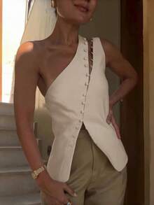 Casual Sister Style Sexy Party Street Women's Fashion Design Oblique Neck Hook Buckles Ins Hot Girl Sleeveless Tank Top - 卡其色 - 查看 3