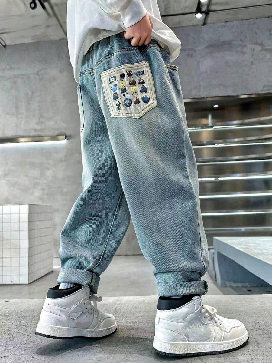 卡通印花宽松休闲街头风牛仔裤，适合青少年男孩 - 藍色 - 查看 1