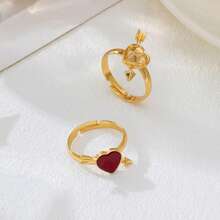 一套心形情侣戒指，优雅可爱，情人节订婚戒指礼物 - 金色 - 查看 3