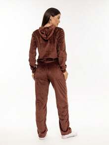 Women's Plus Size Sets In Velvet Plush Fabric, Blouse With Zipper And Basic Pants HZ-Con-001 - 鏽棕色 - 查看 3