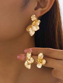 3 pares de pendientes de botón elegantes vintage con detalles florales en tono dorado, adecuados para citas/uso diario - Amarillo Oro - Ver 2