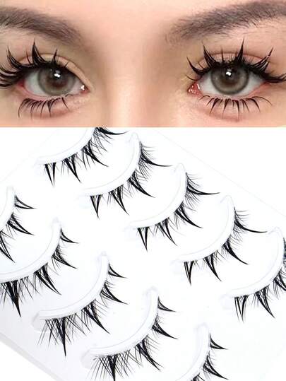 5 Pairs Wet Look Pointed Tip Cartoon Cat Ear Transparent Lashes, Lightweight Curly No Burden Rebound Fit Eye Area, Delicate Stem Soft Fit Root Fresh Sweet Eye Makeup False Eyelashes