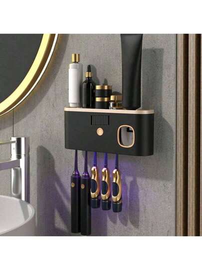 1 máy tiệt trùng bàn chải đánh răng thông minh tích hợp bình đựng kem đánh răng, giá treo bàn chải đánh răng gắn tường, giá đựng và tiệt trùng bàn chải đánh răng đa năng, hộp đựng bàn chải 5 ngăn, phụ kiện phòng tắm, trang trí nhà cửa, vật dụng cần thiết cho năm học mới.