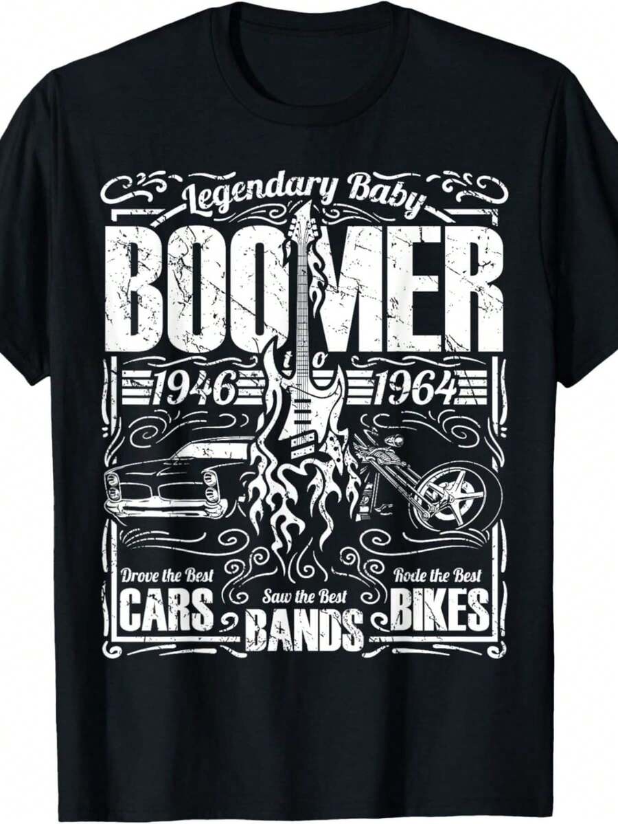 Camiseta gráfica de estilo vintage para baby boomers que muestra una guitarra eléctrica, un coche clásico y una motocicleta con tipografía retro, perfecta para amantes de la música y los coches.