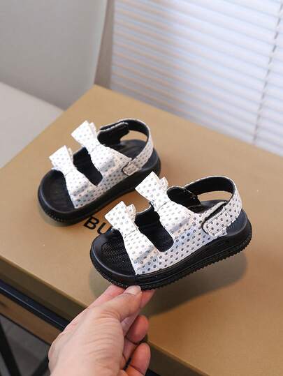 2026 Summer New Girls' Rhinestone Bow Sandals, Hook And Loop Soft Non-Slip Breathable Beach Shoes, Toddler & Little Kids Casual Shoes