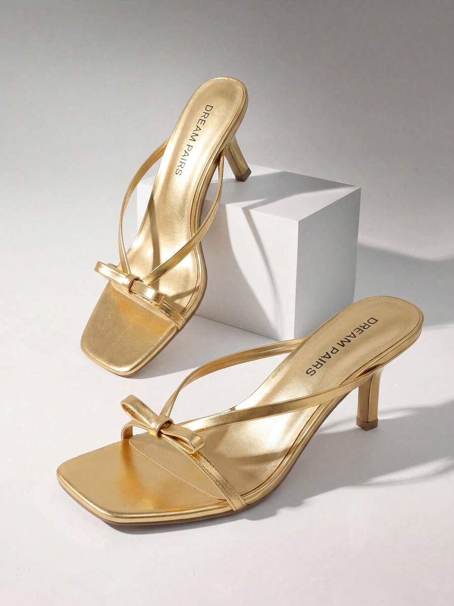 Women 2026 New Summer Kitten Heel Mule Sandals With Bow Decor, Comfortable Open Toe Slip On Slide Sandals For Party Wedding And Daily Casual Wearing - 金色 - 查看 1