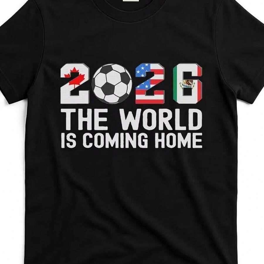 Retro Sporty Cup 2026 Graphic T-Shirt, 2026 Soccer With North American Flags & _The World Is Coming Home_ Print Shirt, Gift For Him - 黑色 - 查看 1