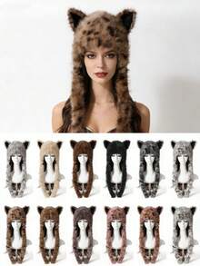 Cute Animal Leopard Print Plush Ear Warmer Hat, Cat Ear Design, Warm Outdoor Winter Party Cosplay Prop - A - View 2