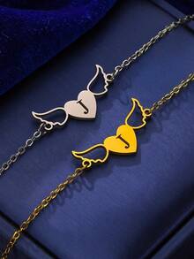 Personalized Letter Heart Bracelet With Angel Wings, Unique Commemorative Letter Jewelry Can Be Inlaid With Birthstone - Multicolor - View 4