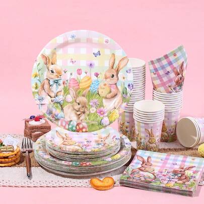 10pcs/20pcs/50pcs Easter Paper Plates, Cups, Napkins Set, 9-Inch/7-Inch Disposable Paper Plates With Easter Bunny And Egg Patterns, Paper Cups, Napkins, Suitable For Spring Holiday Birthday Party, Easter Paper Plates Napkins Cups Easter Tableware Set Floral Eggs Bunny Disposable Tableware Religious Spring Picnic Gift Bunny Party Decor