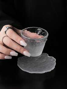 1pc Premium Glass Tea Cup & Saucer Set, Japanese Mushroom-Shaped Cup For Gongfu Tea, Personal Tea Cup With Transparent Frosted Mist Design - Multicolor - View 4