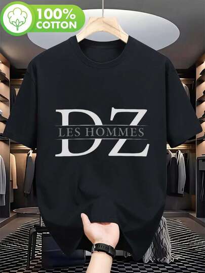 Men's Vintage Bold DZ Lettering & Geometric T-Shirt - Retro Crew Neck Tee Suitable For Gym, & Casual Wear - Breathable Minimalist Top, Machine Washable Retro Design