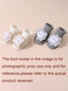 2双装婴儿可爱卡通纯色条纹中筒袜，防滑鞋底，百搭婴儿袜，适合日常穿着 - 彩色 - 查看 3