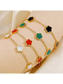 1pc Middle East Popular New Fashion 5-Leaf Clover Titanium Steel 18K Gold Plated Mother Of Pearl Bracelet, Non-Fading Women Jewelry - Multicolor - View 1