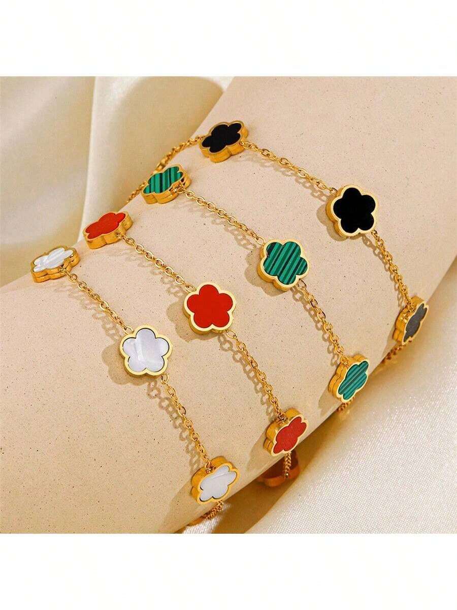 1pc Middle East Popular New Fashion 5-Leaf Clover Titanium Steel 18K Gold Plated Mother Of Pearl Bracelet, Non-Fading Women Jewelry - Multicolor - View 1