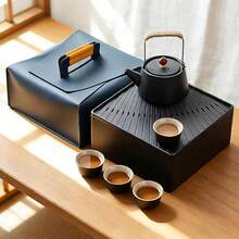 Chinesisches Japanisches Teekanne, 7-in-1 Gongfu Teeset mit 40ml Teetassen für 4, 3L Wasserauffang Teetablett und Reisetasche, Kung-Fu Teezeremonie Set, Tragbares Keramik Teeservice für Zuhause Reisen - Schwarz - Übersicht 8