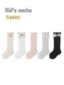 5 Pairs Girls' Spring/Summer Knee High Socks With Bow, Princess Mid-Calf Socks For Toddlers - Multicolor - View 9