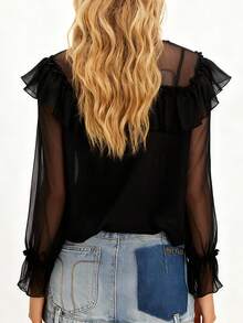 Women's Long Sleeve Blouse Front Tie Bow Casual Loose Fit Stylish Solid Color Sheer Ruffled V Neck Tops for Spring/Summer - Negro - Ver 5