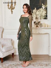 Olive Green Sequin Embroidered Dress, Elastic Mesh Christmas Party Wedding Evening Gown - Army Green - View 2