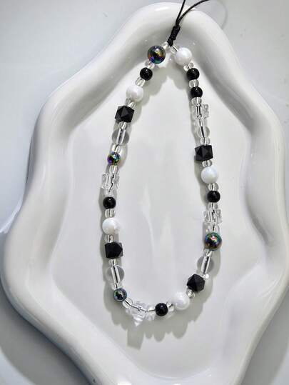 1pc Black & White Contrast, Iridescent Crystal, Geometric Block, Faux Pearl Beaded Keychain, Chic Phone Charm Strap, Fits All Phone Models, Suitable Gift For Mother, Family, Friends, Birthday, Holiday