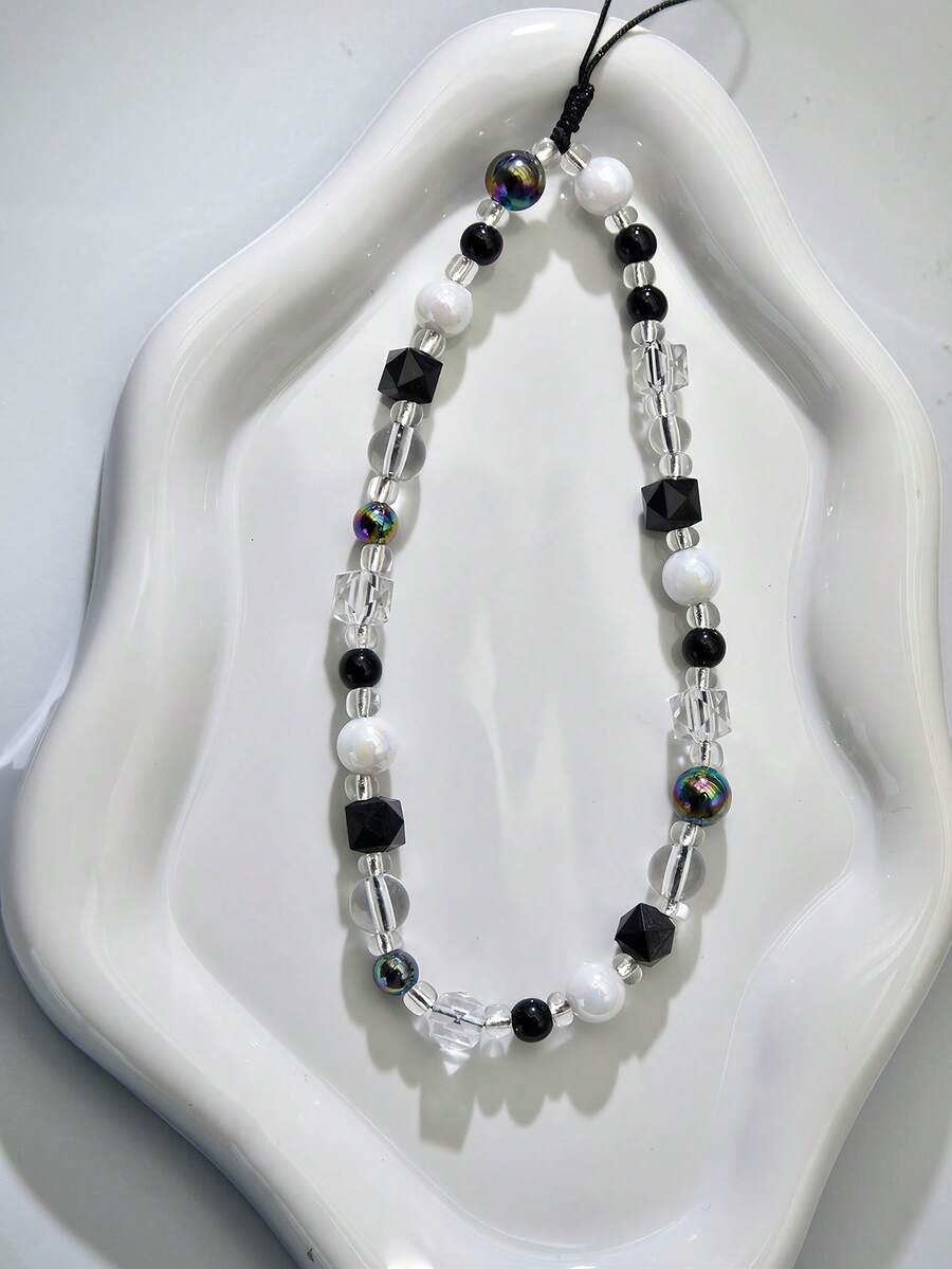 1pc Black & White Contrast, Iridescent Crystal, Geometric Block, Faux Pearl Beaded Keychain, Chic Phone Charm Strap, Fits All Phone Models, Suitable Gift For Mother, Family, Friends, Birthday, Holiday