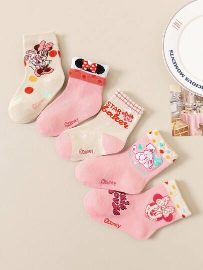 Disney 5 Pairs Of Adorable Mickey Mouse & Winnie The Pooh Collection Mid-Calf Socks For Girls, Vibrant Color-Blocked Premium Short Socks Featuring Piglet & Daisy – Perfect Holiday Gift For Little Princesses, Random Style Delivery.