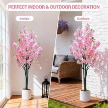 Árbol Artificial de Flor de Cerezo Rosa con Maceta, Planta Grande Realista con Flores Falsas, Decoración para Interiores y Exteriores, Hogar, Oficina, Navidad - Barra doble - 5 pies - Ver 5