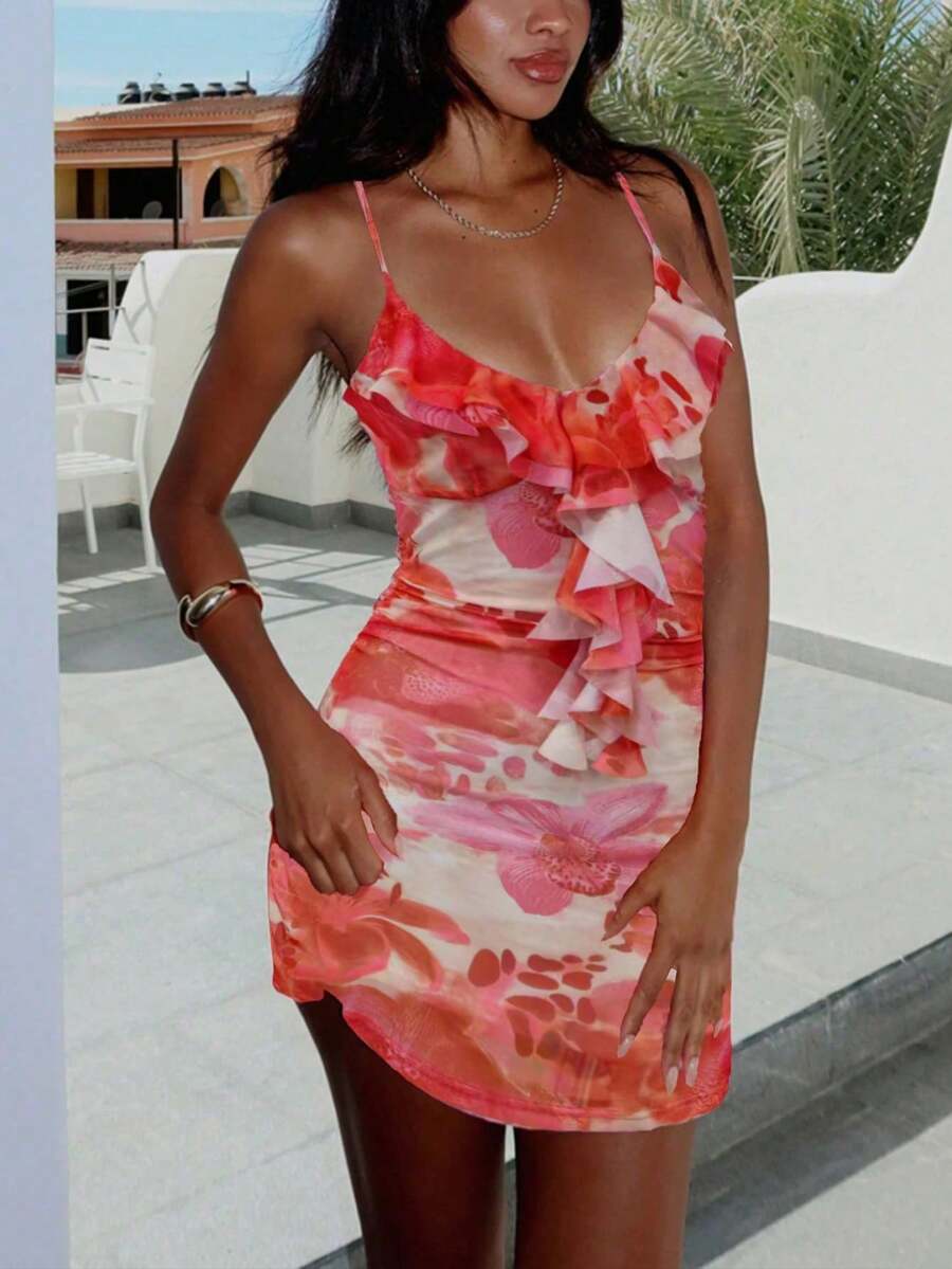 Blume Muster Rüschen Saum Camisole Mini Casual Urlaubskleid, Damen Boho Stil ärmelloses Mesh Kurz Camisole Kleid mit Spaghettiträgern, Rückenfreies elegantes Party Kleid - Saflor - Übersicht 1