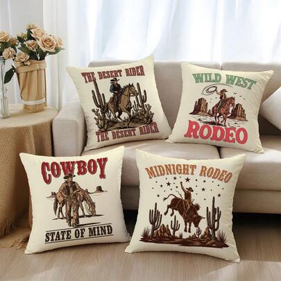 4件套复古西部牛仔海报风格图案抱枕套，单面柔软桃皮绒面料，45*45厘米抱枕套，适用于家居室内卧室客厅派对装饰、沙发装饰抱枕套、节日礼物（不含枕芯）