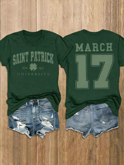 St. Patrick's University Letter Print Round Neck T-Shirt, Plus Size Casual