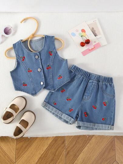 2件套女童户外休闲可爱简约甜美樱桃刺绣纽扣无袖上衣和时尚活力百搭复古蓝色牛仔卷边短裤套装