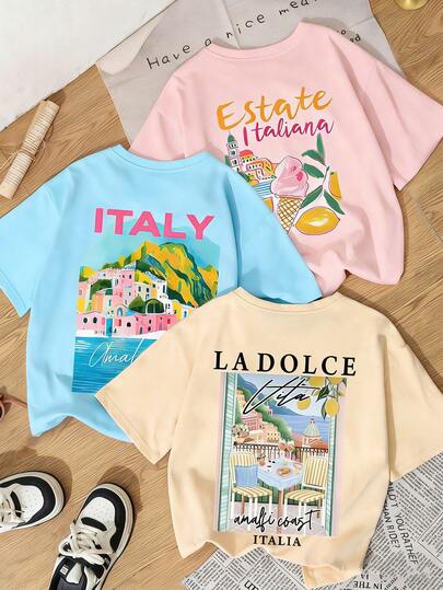 3pcs/Set Tween Girls' Printed Short Sleeve T-Shirts, Suitable For Tween GirlsSummer Tops, Young Student Clothing