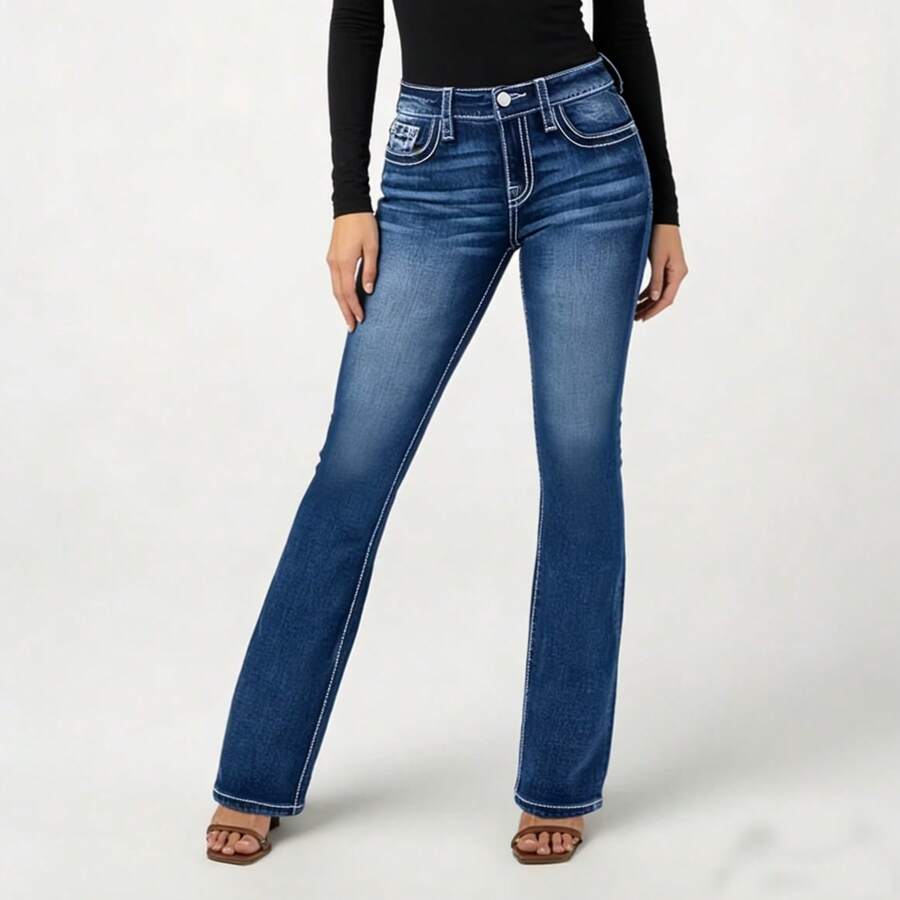 Y2K Women's Mid Waist Bootcut Jeans Washed Blue Embroidered Flower Design Button Fly Pocket Slim-Fitting Flared Denim Sweatpants - Blue - View 1