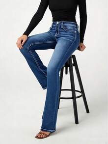 Y2K Women's Mid Waist Bootcut Jeans Washed Blue Embroidered Flower Design Button Fly Pocket Slim-Fitting Flared Denim Sweatpants - Blue - View 6