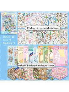 23pcs Scene Sticker Set, Including 12pcs Material Stickers, 8pcs Scene Cards, 2pcs Reference Images And 1pc Tweezers, Suitable For Simulating Model Scenes And Mini Houses, Ideal As Birthday Or New Year Gift - Multicolor - View 4