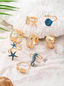 8pcs/Set Summer Ocean Style Turtle & Starfish Stackable Rings, Bohemian Rings Set For Women, Matching Bikini Swimwear For Beach Vacation - Multicolor - View 2