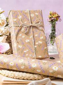 Lavendel & Gänseblümchen Blumen Kraftpapier Rolle, lila Blumen Geschenkpapier, braunes Kraftpapier, geeignet für Frühlingshochzeit, Muttertag, Geburtstagsparty, Geburtstags Geschenkverpackung - Mehrfarbig - Übersicht 6