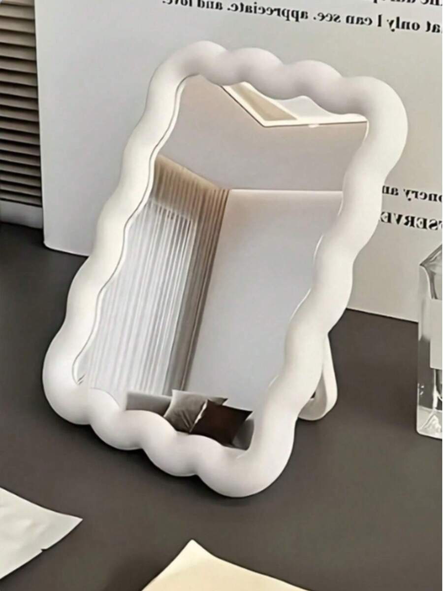 1pc Cute Wavy Cream-Colored Makeup Mirror, Suitable For Desktop/Wall Mounting, Applicable For Dorm, Vanity, Office, Makeup, Room Decor, Wardrobe, Travel, Bedroom, Cosmetic Accessories, Small Mirror, Compact Mirror, Hand Mirror - Multicolor - View 1
